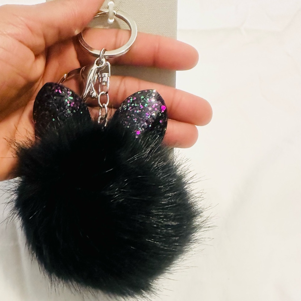 Black Glitter Ears Fluffy Ball Key Ring